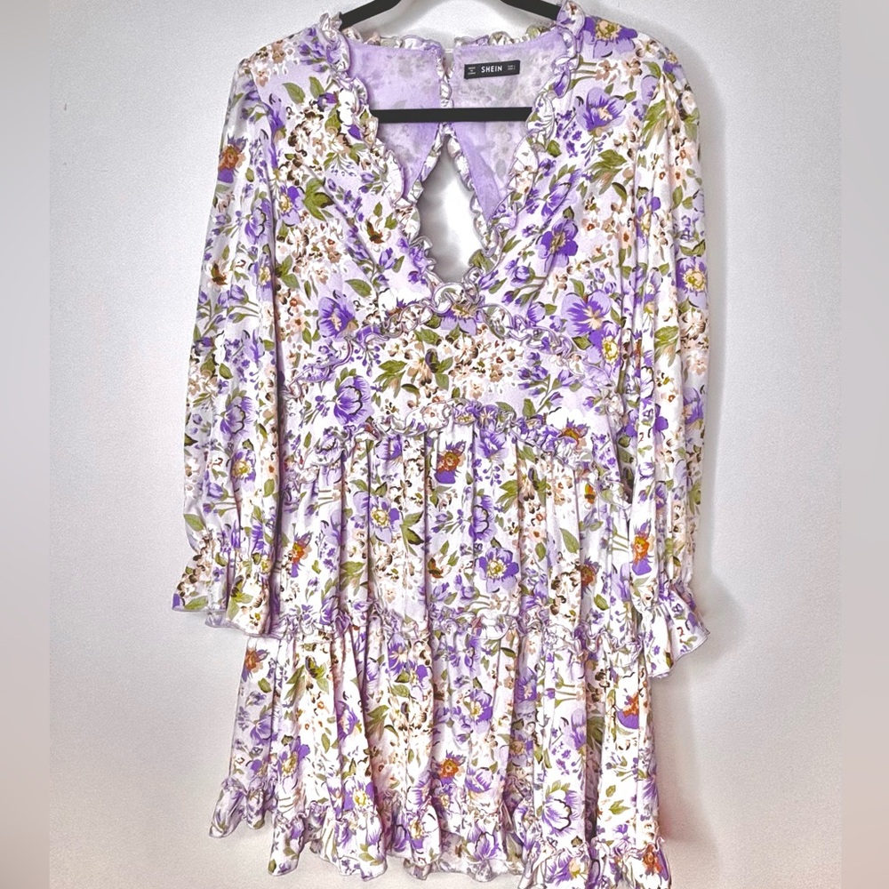 Lilac floral long sleeve tiered short dress